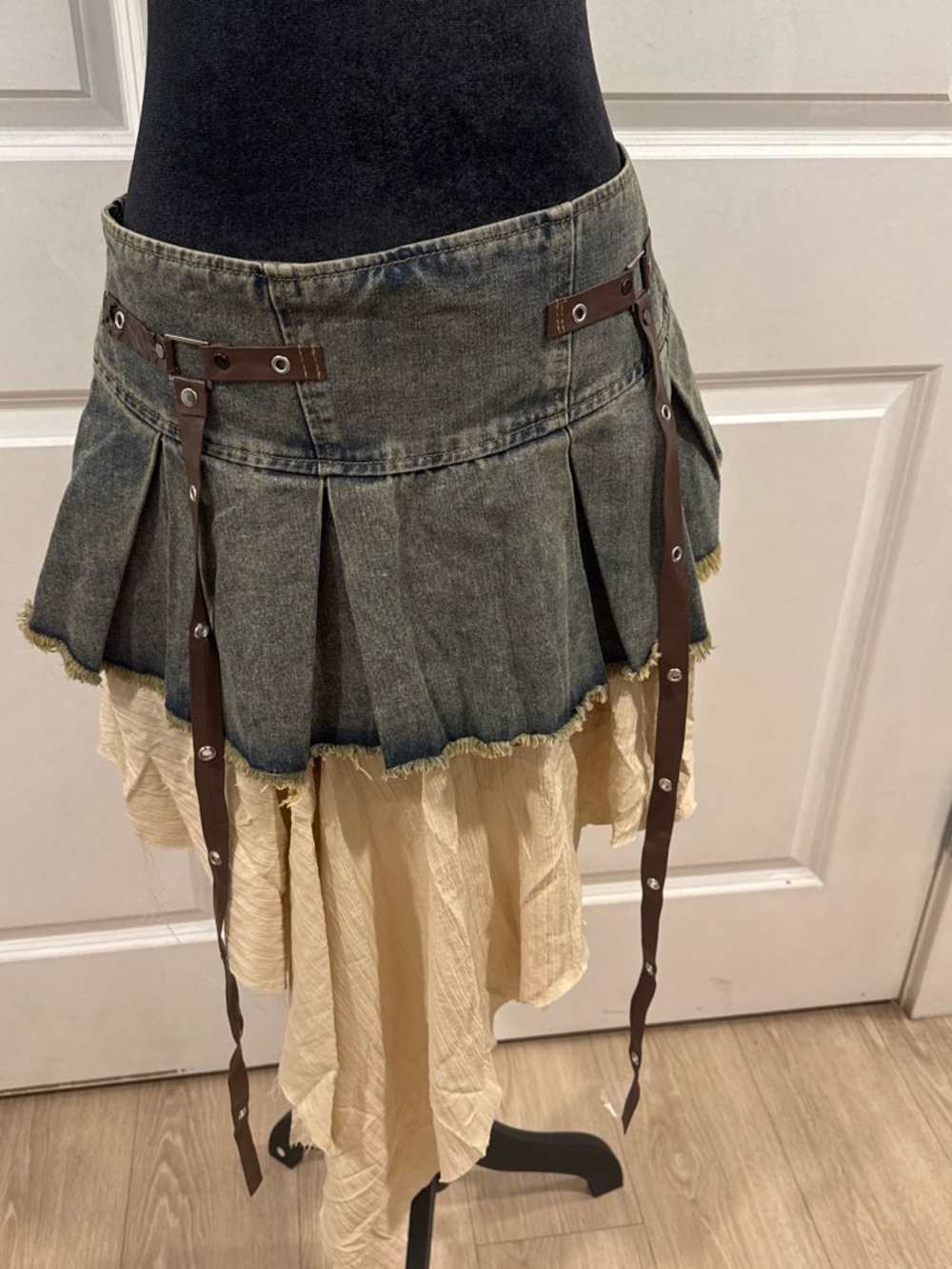 Asymmetrical Denim Pleated Mini Skirt with Cream Layered Hem